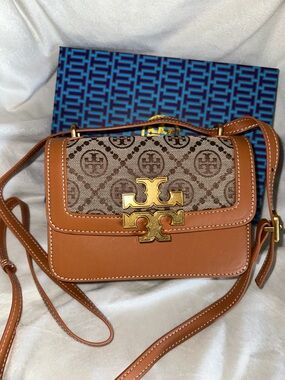 Tory Burch Tan Monogram Canvas Crossbody with Gold Logo